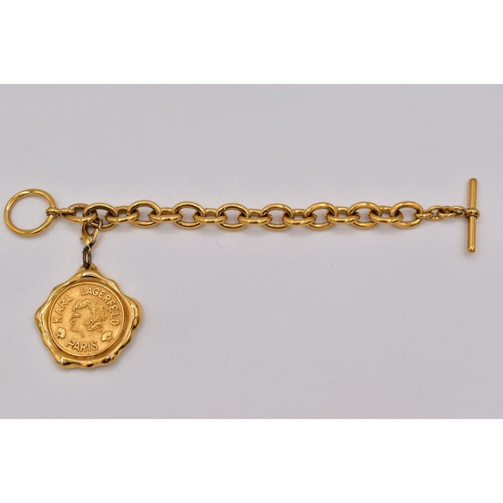 Karl Lagerfeld Vintage Logo Charm Bracelet Seal Medallion Paris Gold Runway Bin5 - Picture 5 of 12